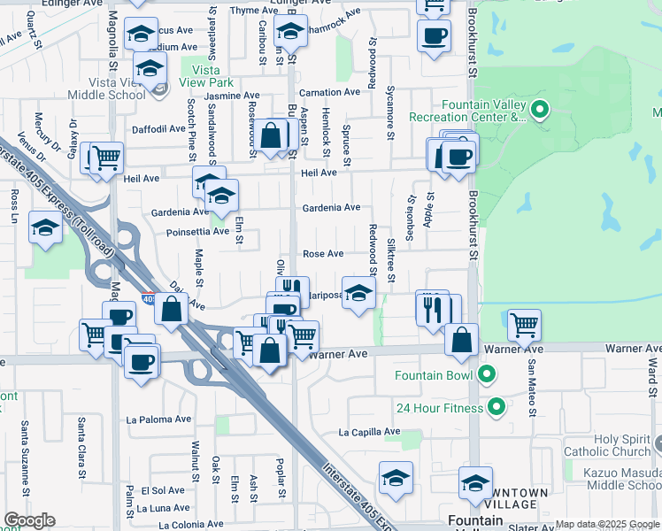 map of restaurants, bars, coffee shops, grocery stores, and more near 16767 Madrone Circle in Fountain Valley