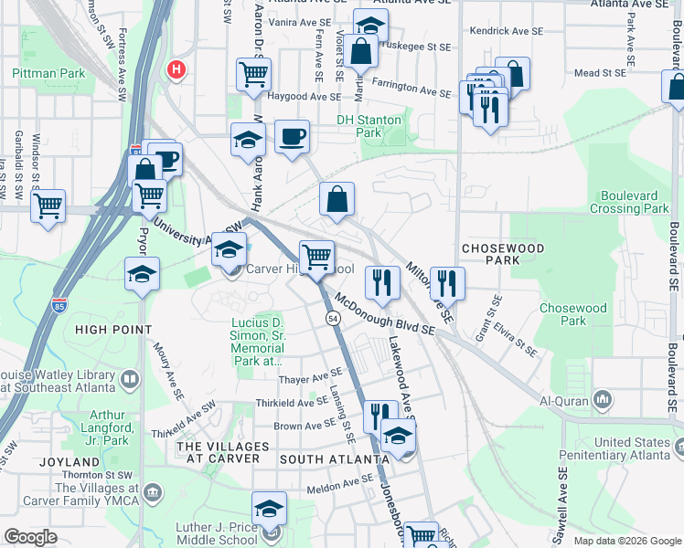 map of restaurants, bars, coffee shops, grocery stores, and more near 1267 Martin Street Southeast in Atlanta