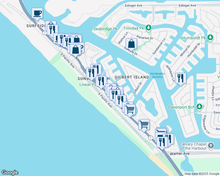 map of restaurants, bars, coffee shops, grocery stores, and more near in Huntington Beach