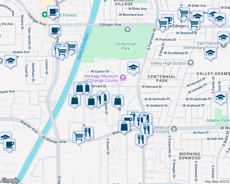 map of restaurants, bars, coffee shops, grocery stores, and more near 3130 West Harvard Street in Santa Ana