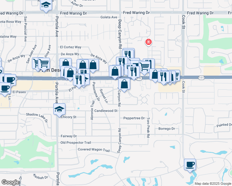 map of restaurants, bars, coffee shops, grocery stores, and more near 9 Deep Canyon Road in Palm Desert