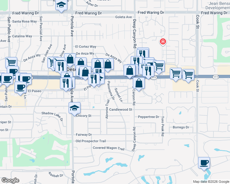 map of restaurants, bars, coffee shops, grocery stores, and more near 45210 Panorama Drive in Palm Desert