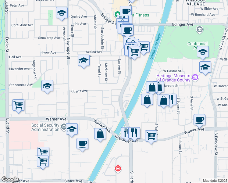 map of restaurants, bars, coffee shops, grocery stores, and more near 11845 Goodale Avenue in Fountain Valley