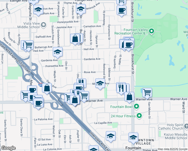 map of restaurants, bars, coffee shops, grocery stores, and more near 9600 Rose Avenue in Fountain Valley