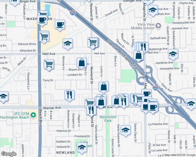 map of restaurants, bars, coffee shops, grocery stores, and more near 8561 Orinda Circle in Huntington Beach