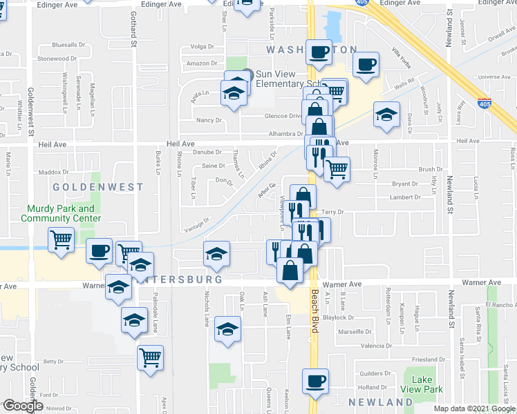 map of restaurants, bars, coffee shops, grocery stores, and more near 16735 Arbor Circle in Huntington Beach
