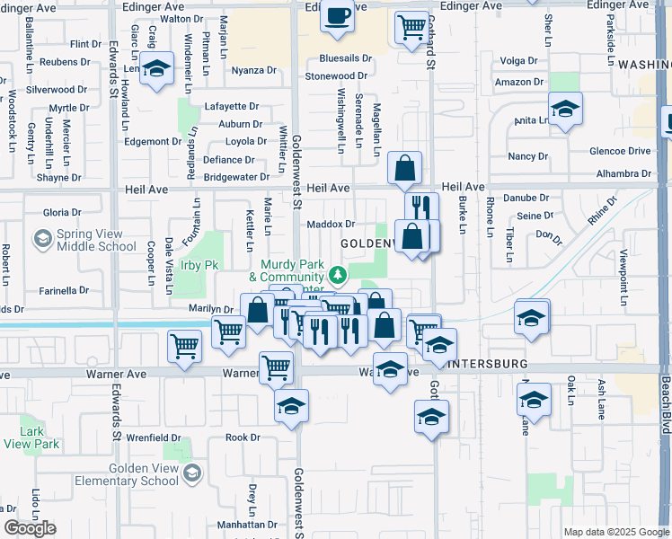 map of restaurants, bars, coffee shops, grocery stores, and more near 16691 Tunstall Lane in Huntington Beach