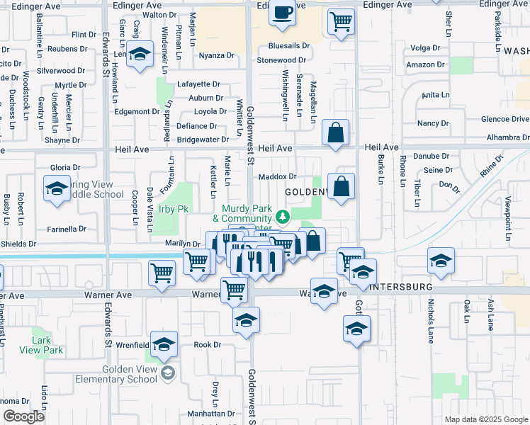 map of restaurants, bars, coffee shops, grocery stores, and more near 16692 Goldenwest Street in Huntington Beach