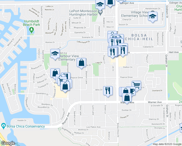 map of restaurants, bars, coffee shops, grocery stores, and more near 16671 Lynn Lane in Huntington Beach