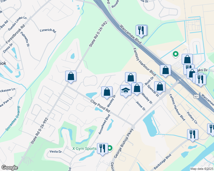 map of restaurants, bars, coffee shops, grocery stores, and more near 3914 Wesley Street in Myrtle Beach