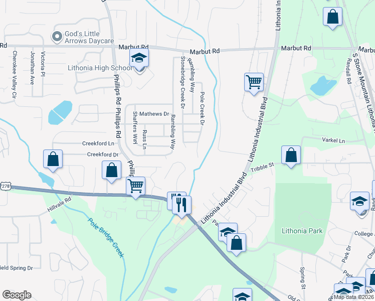 map of restaurants, bars, coffee shops, grocery stores, and more near 3117 Stonebridge Creek Drive in Lithonia