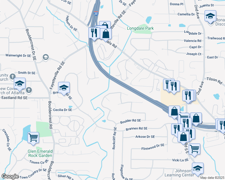 map of restaurants, bars, coffee shops, grocery stores, and more near 2373 Bouldercliff Way Southeast in Atlanta