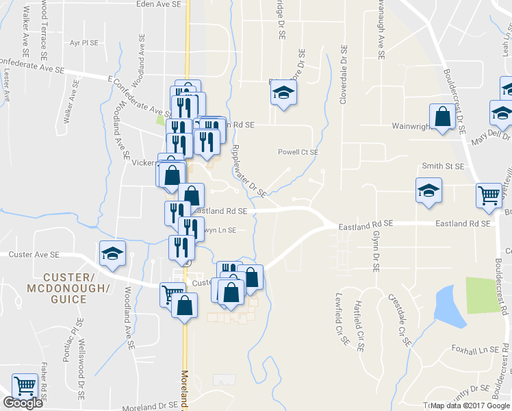 map of restaurants, bars, coffee shops, grocery stores, and more near 1306 Eastland Road Southeast in Atlanta