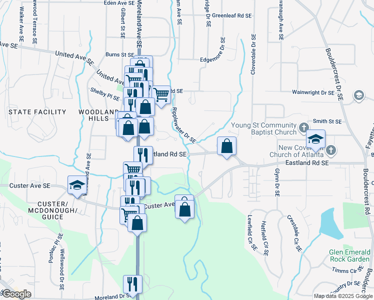 map of restaurants, bars, coffee shops, grocery stores, and more near 2385 Ripplewater Drive Southeast in Atlanta