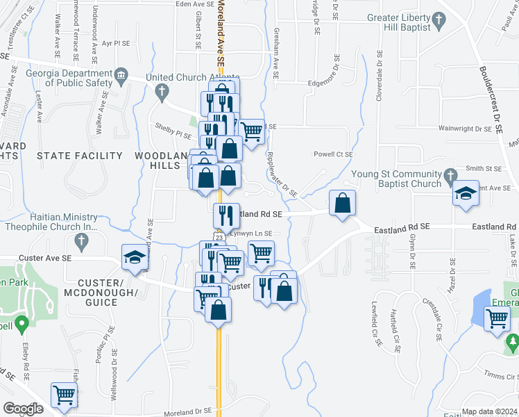 map of restaurants, bars, coffee shops, grocery stores, and more near 2571 Village Creek Landing Southeast in Atlanta