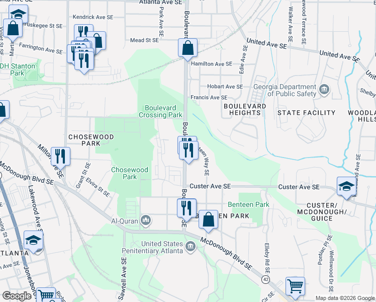 map of restaurants, bars, coffee shops, grocery stores, and more near 1266 Roberts Drive Southeast in Atlanta
