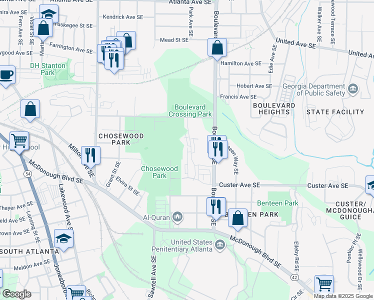 map of restaurants, bars, coffee shops, grocery stores, and more near 1215 Roberts Drive Southeast in Atlanta