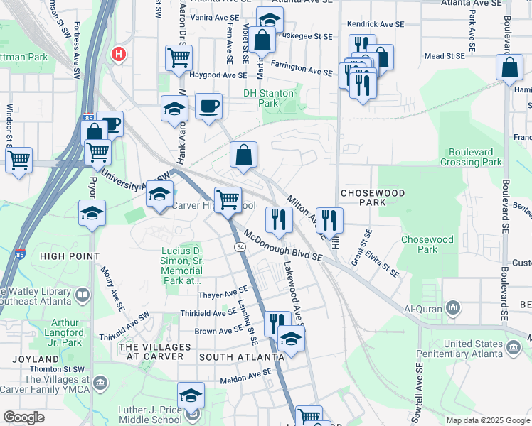 map of restaurants, bars, coffee shops, grocery stores, and more near 1265 Lakewood Ave SE in Atlanta