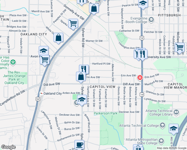 map of restaurants, bars, coffee shops, grocery stores, and more near 844 Beechwood Avenue Southwest in Atlanta
