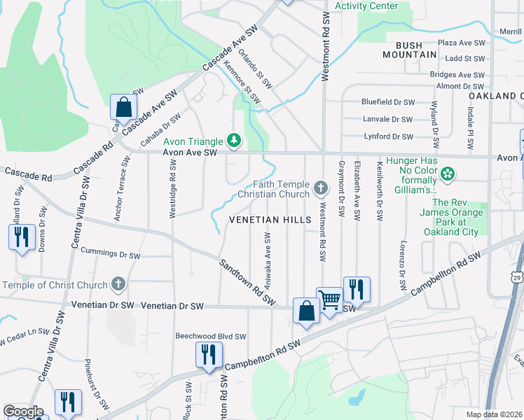 map of restaurants, bars, coffee shops, grocery stores, and more near 1300 Aniwaka Avenue Southwest in Atlanta