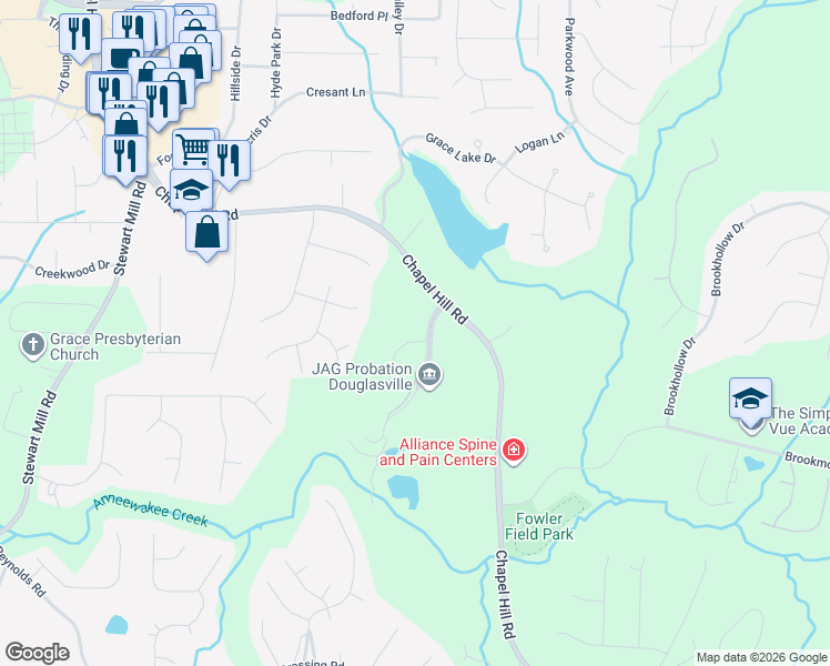 map of restaurants, bars, coffee shops, grocery stores, and more near 5822 Sarazen Tr in Douglasville