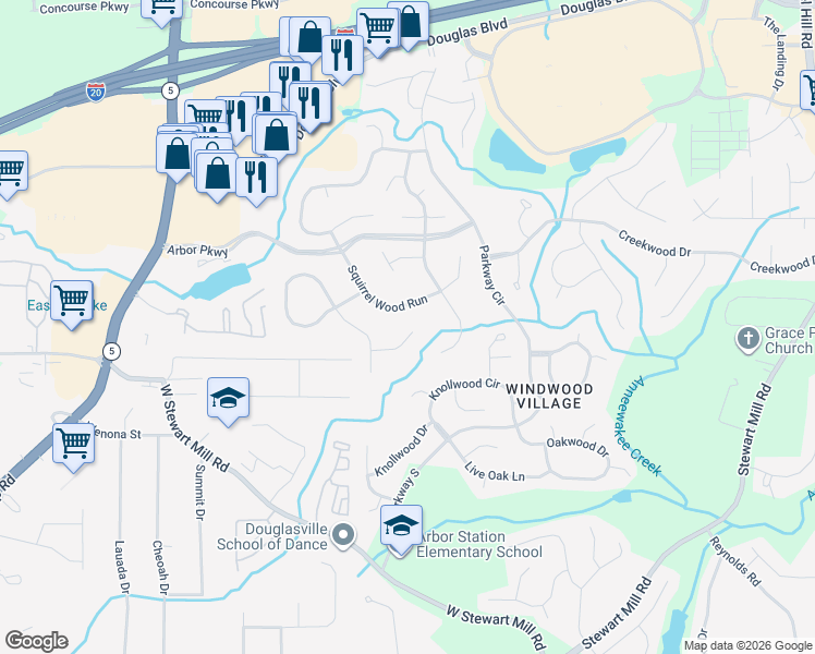 map of restaurants, bars, coffee shops, grocery stores, and more near 6823 Robinwood Trail in Douglasville