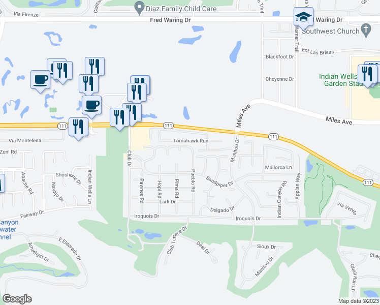 map of restaurants, bars, coffee shops, grocery stores, and more near 45405 Pueblo Road in Indian Wells