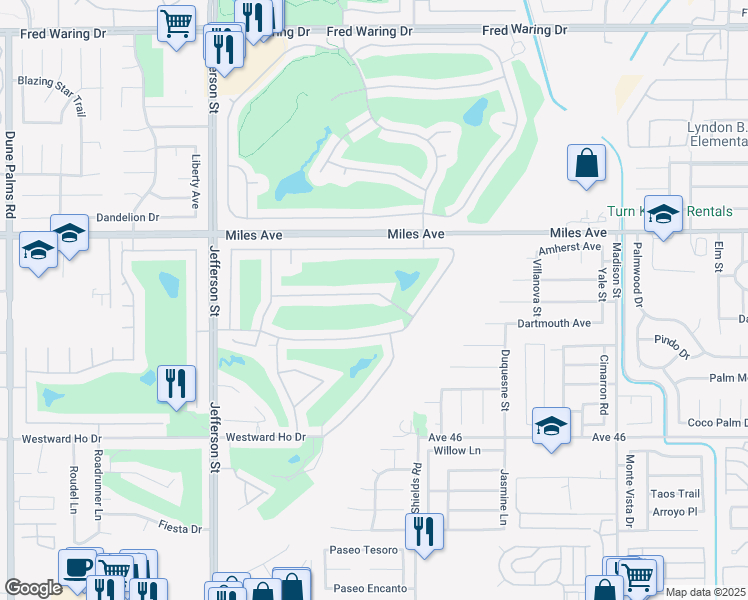 map of restaurants, bars, coffee shops, grocery stores, and more near 80396 Green Hills Drive in Indio