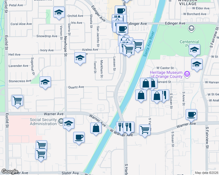 map of restaurants, bars, coffee shops, grocery stores, and more near 11872 Goodale Avenue in Fountain Valley