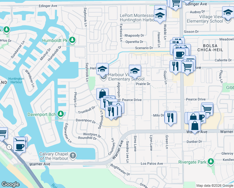 map of restaurants, bars, coffee shops, grocery stores, and more near 16655 Algonquin Street in Huntington Beach