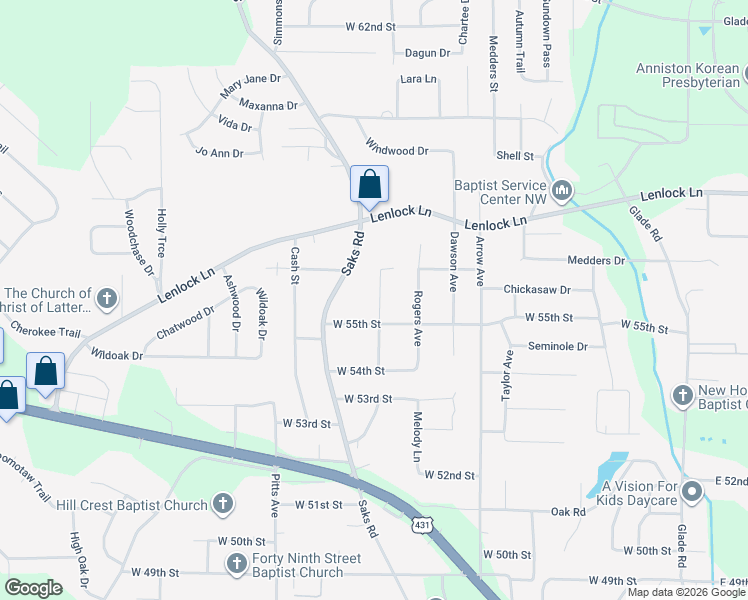 map of restaurants, bars, coffee shops, grocery stores, and more near 5512 Chandler Street in Anniston