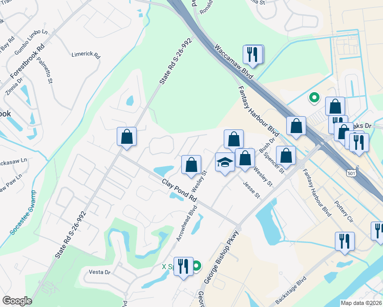 map of restaurants, bars, coffee shops, grocery stores, and more near 3914 Wesley Street in Myrtle Beach