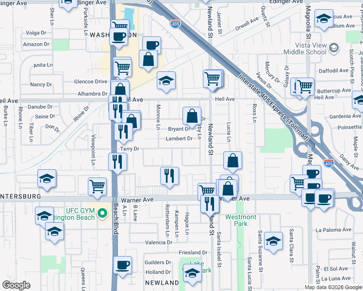 map of restaurants, bars, coffee shops, grocery stores, and more near 8321 Terry Drive in Huntington Beach