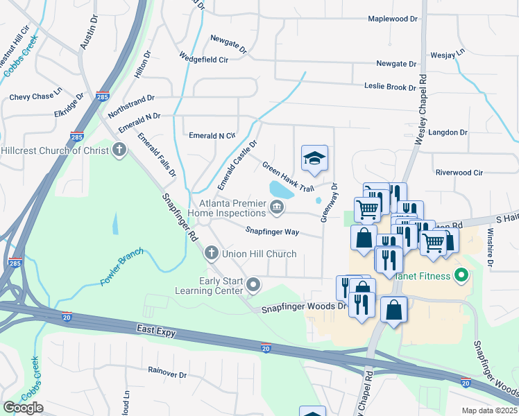 map of restaurants, bars, coffee shops, grocery stores, and more near 4048 Emerald Lake Drive in Decatur