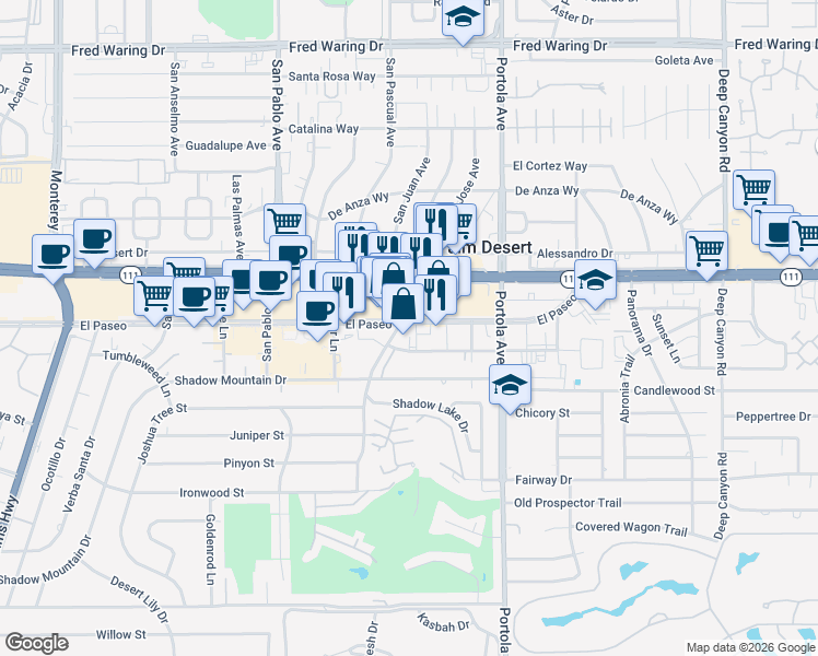 map of restaurants, bars, coffee shops, grocery stores, and more near 73785 El Paseo in Palm Desert