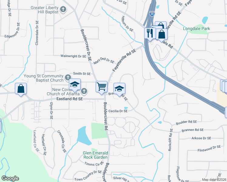map of restaurants, bars, coffee shops, grocery stores, and more near 1805 Cecilia Drive Southeast in Atlanta