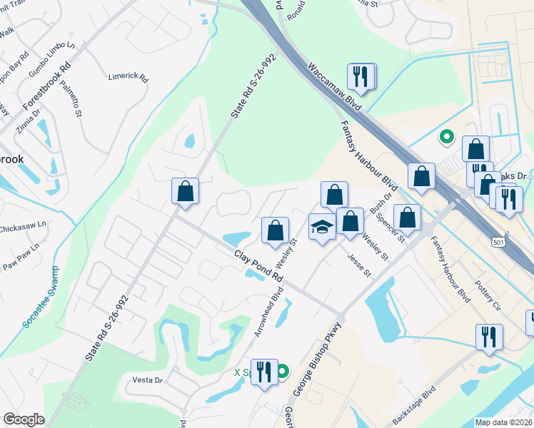 map of restaurants, bars, coffee shops, grocery stores, and more near 3676 Clay Pond Village Lane in Myrtle Beach