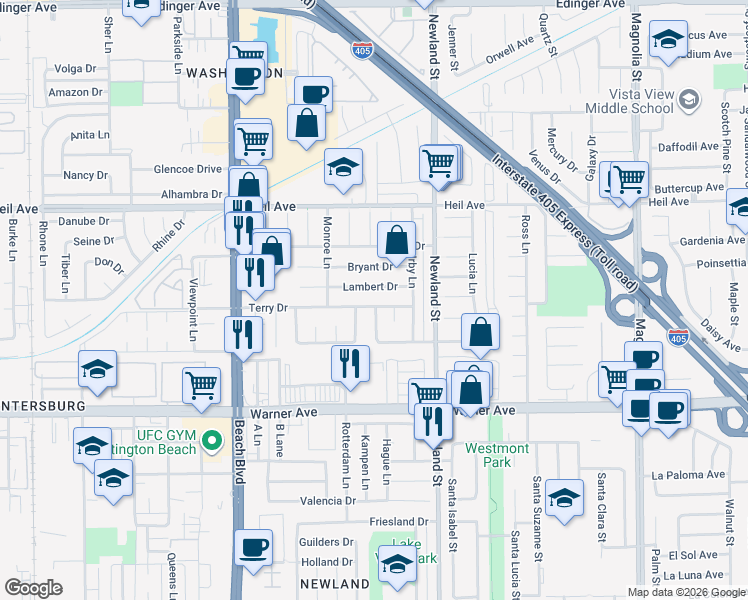 map of restaurants, bars, coffee shops, grocery stores, and more near 8321 Terry Drive in Huntington Beach