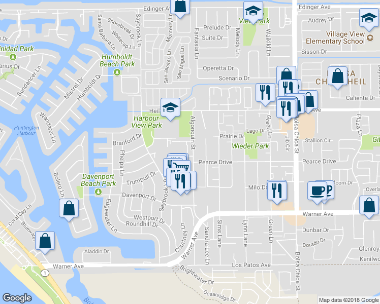 map of restaurants, bars, coffee shops, grocery stores, and more near 16655 Algonquin Street in Huntington Beach