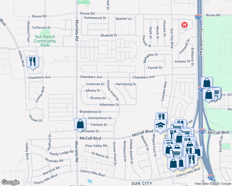 map of restaurants, bars, coffee shops, grocery stores, and more near 27573 Grosse Point Drive in Menifee