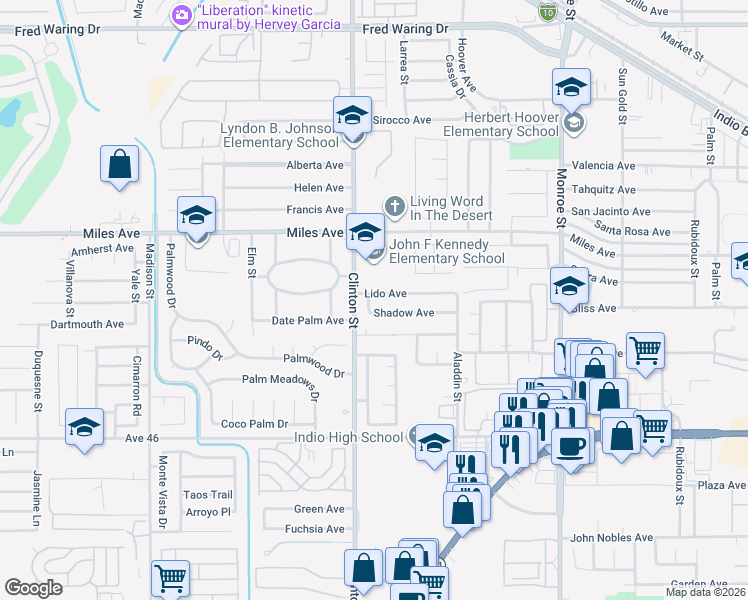 map of restaurants, bars, coffee shops, grocery stores, and more near 81550 Shadow Avenue in Indio