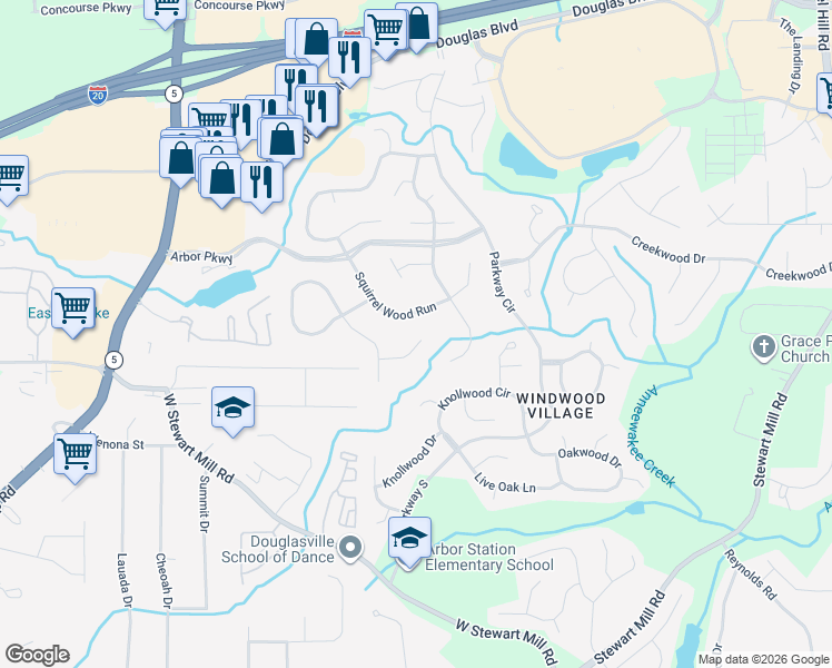 map of restaurants, bars, coffee shops, grocery stores, and more near 6823 Robinwood Trail in Douglasville