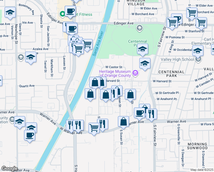 map of restaurants, bars, coffee shops, grocery stores, and more near 3402 West Harvard Street in Santa Ana