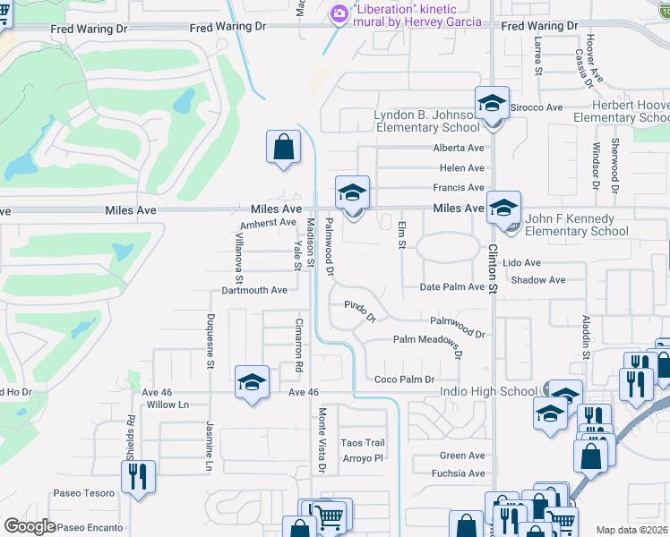 map of restaurants, bars, coffee shops, grocery stores, and more near 45350 Palmwood Drive in Indio