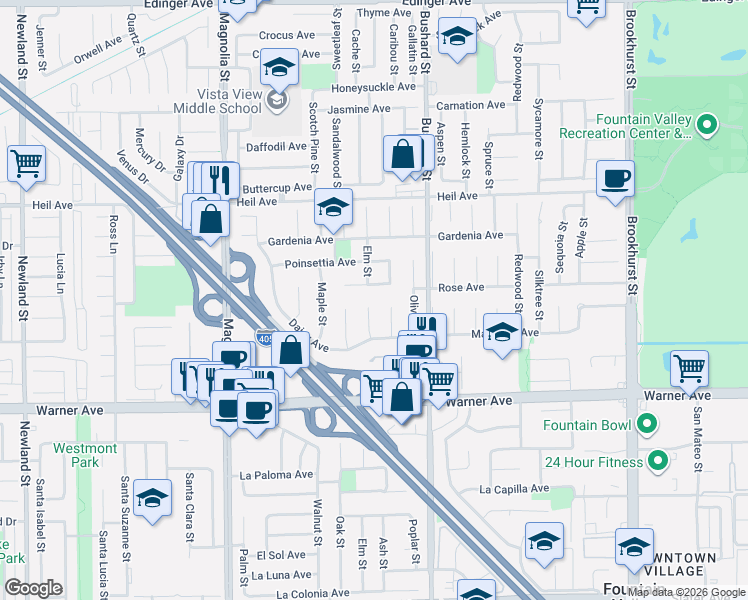 map of restaurants, bars, coffee shops, grocery stores, and more near 16762 Mulberry Circle in Fountain Valley