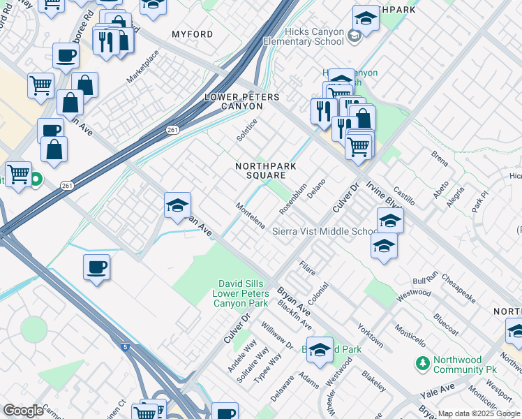map of restaurants, bars, coffee shops, grocery stores, and more near 16 Inglenook in Irvine