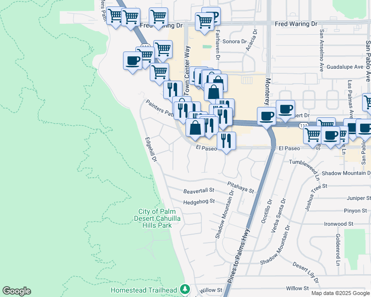 map of restaurants, bars, coffee shops, grocery stores, and more near 261 Sandpiper Street in Palm Desert