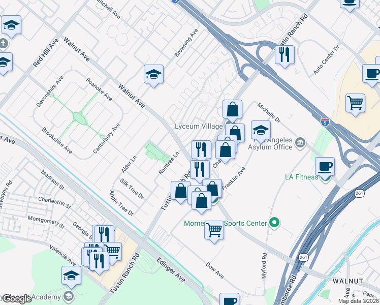 map of restaurants, bars, coffee shops, grocery stores, and more near 14482 Raintree Road in Tustin
