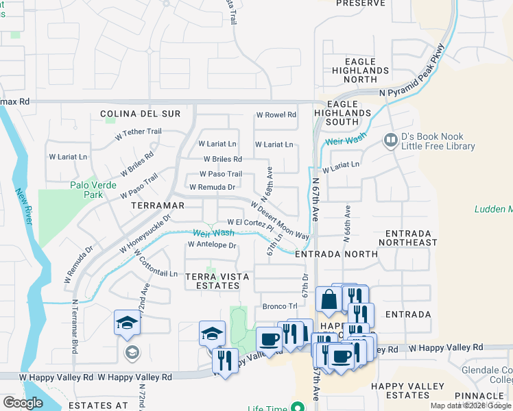 map of restaurants, bars, coffee shops, grocery stores, and more near 6801 West Desert Moon Way in Peoria