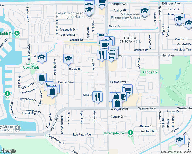 map of restaurants, bars, coffee shops, grocery stores, and more near 16681 Island Circle in Huntington Beach